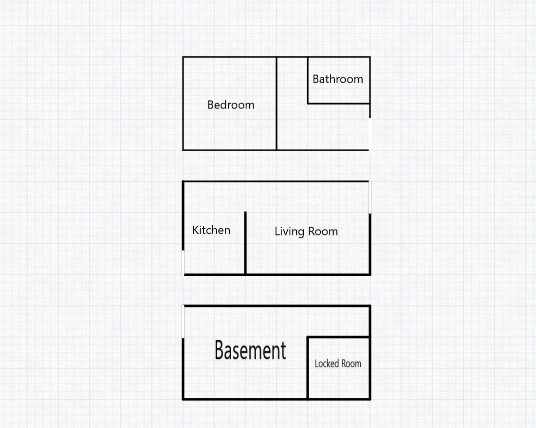 Hand-drawn paper map of the Horror Cabin's three floors