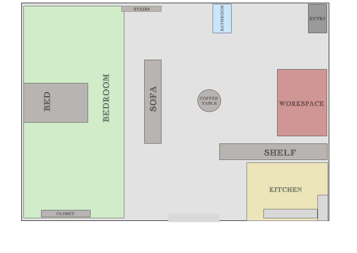 Studio apartment layout diagram: bedroom, sofa, bathroom, entry, coffee table, workspace, shelf, kitchen