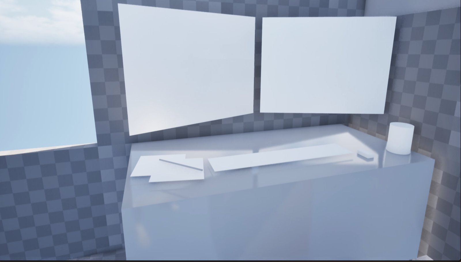 Close-up of desk with dual monitors, papers, and lamp