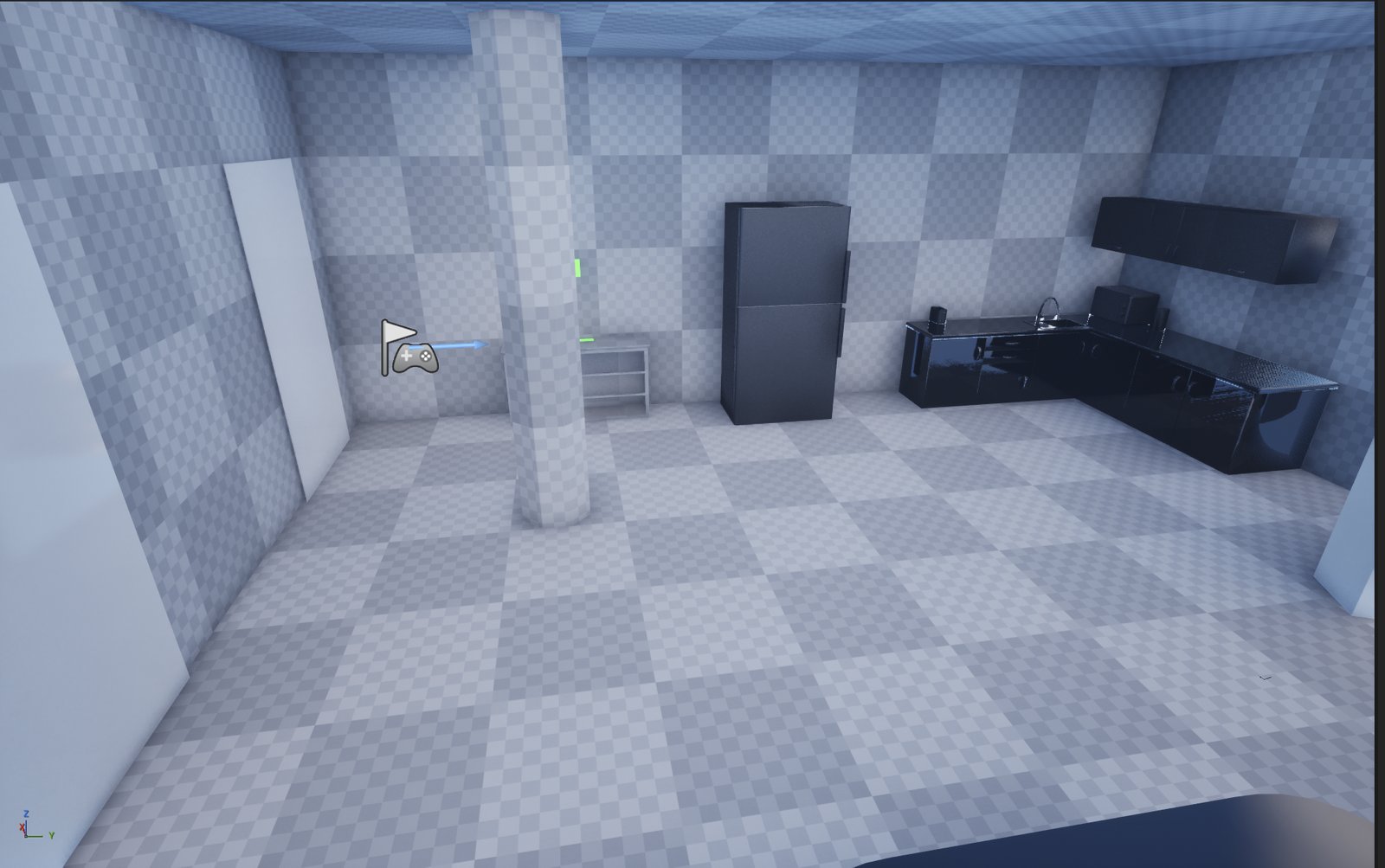 Greybox kitchen with fridge, cabinets, and counter